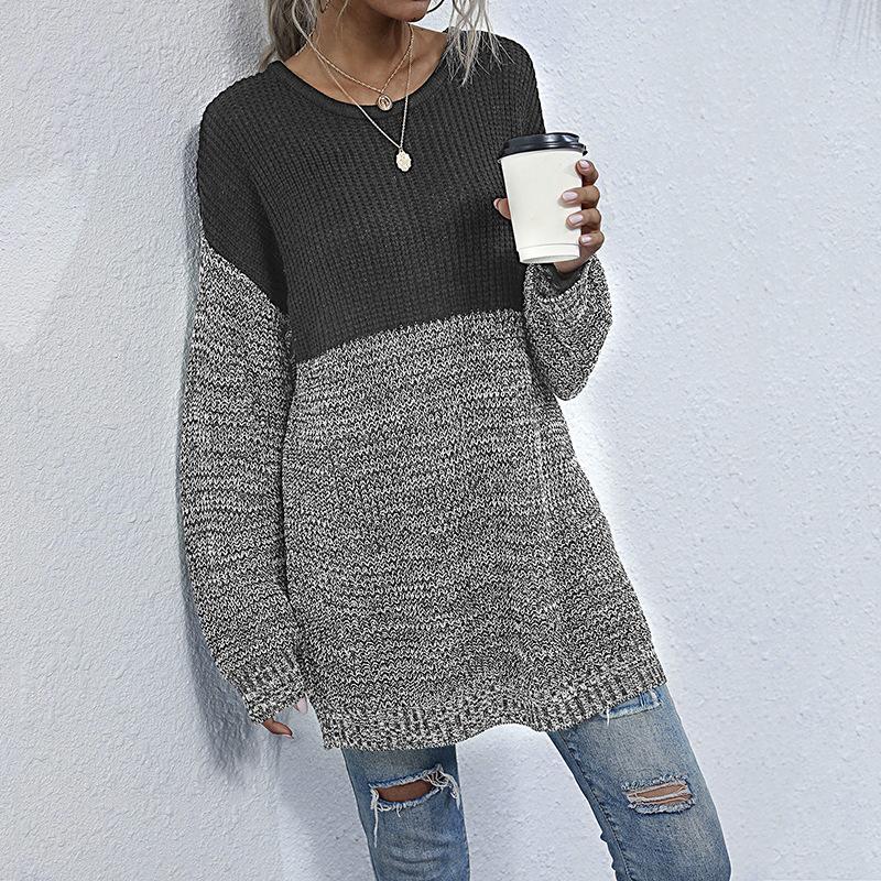 Women's Crew Neck Sweater, Color-Block, Loose Fit for Fall and Winter