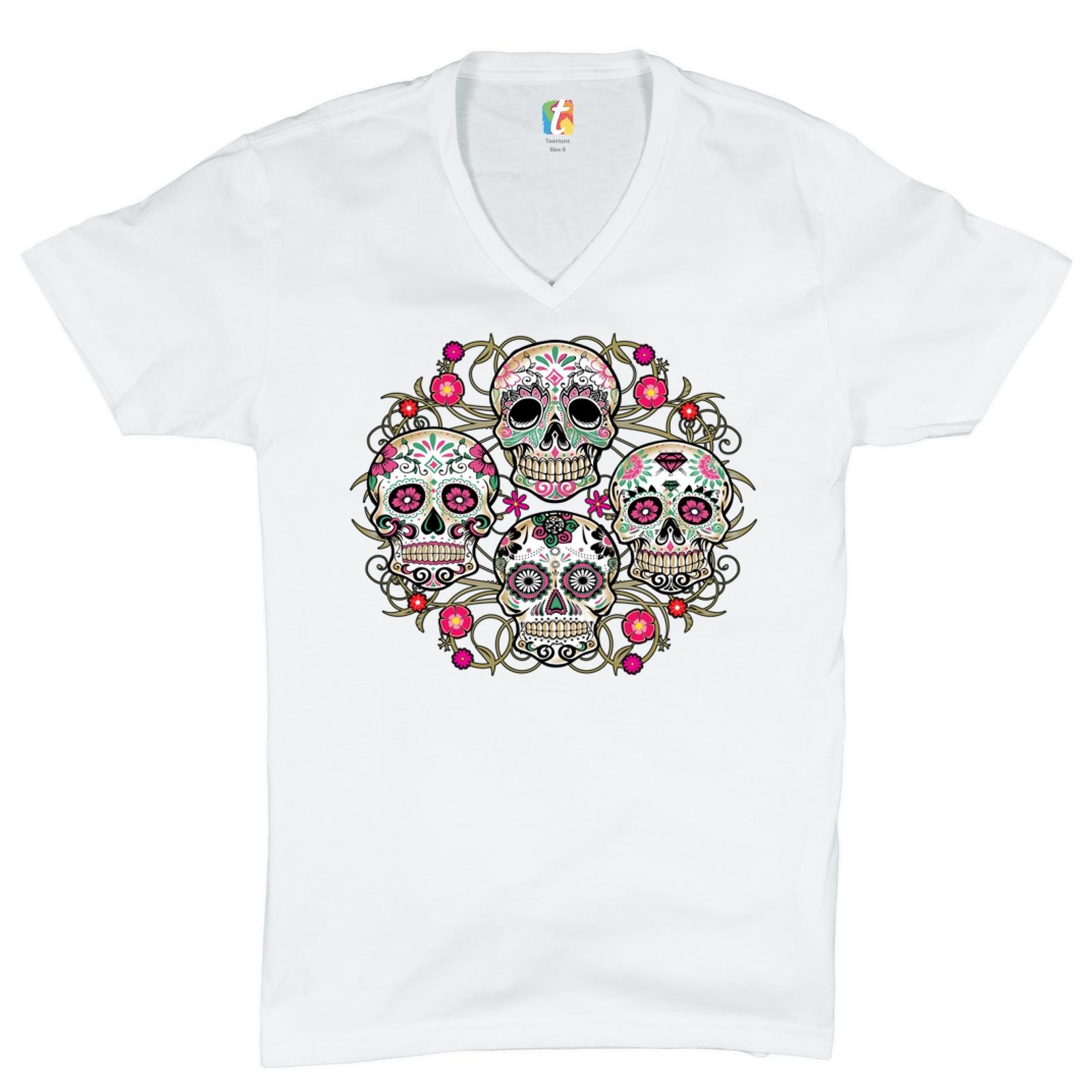 Day of the Dead Floral Sugar Skulls V-Neck T-shirt Dia de los Muertos Tee S