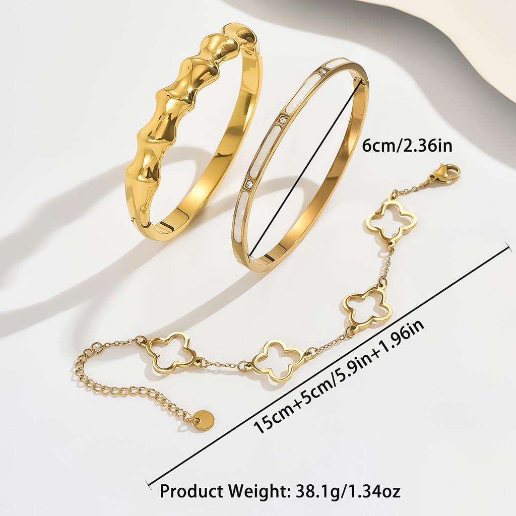 European & American Gold Stainless Steel Bracelet Set: Nail & Four-Leaf Clover Design