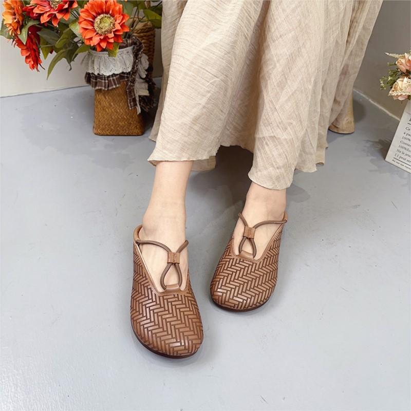 Johnature Genuine Leather Round Toe Slippers Women's Slip-on Shoes Casual Soft Sole Outside Slides