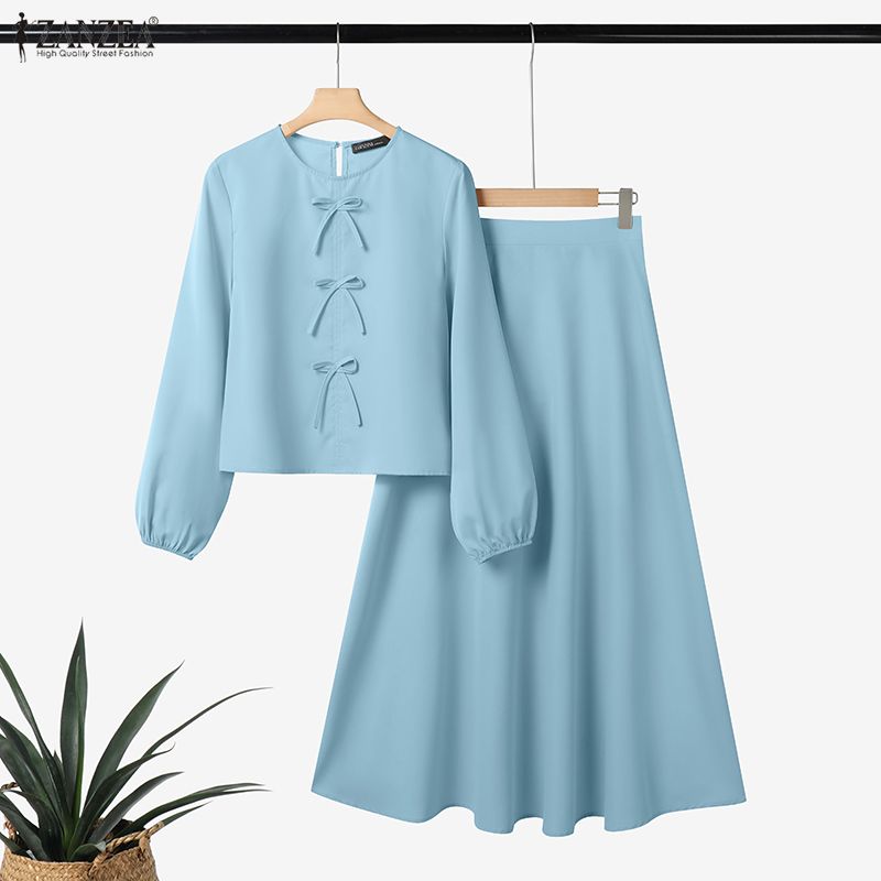 

ZANZEA Two Piece Suit Sets Women Long Sleeve Bow Knot Blouse and Short Skirts 2PCS Outfits L синий