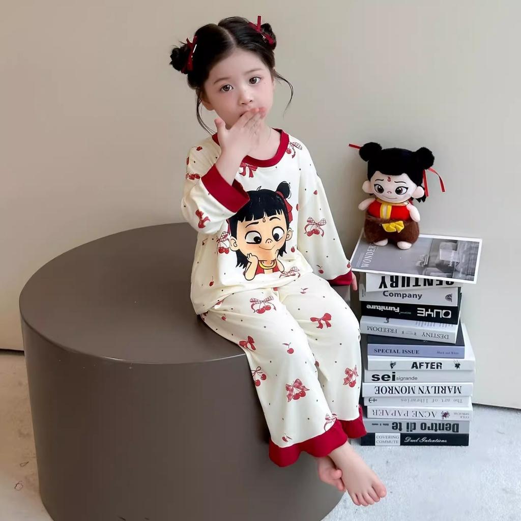 Girls Cartoon Nezha Long Sleeve Pajama Set with Pants for Spring Autumn