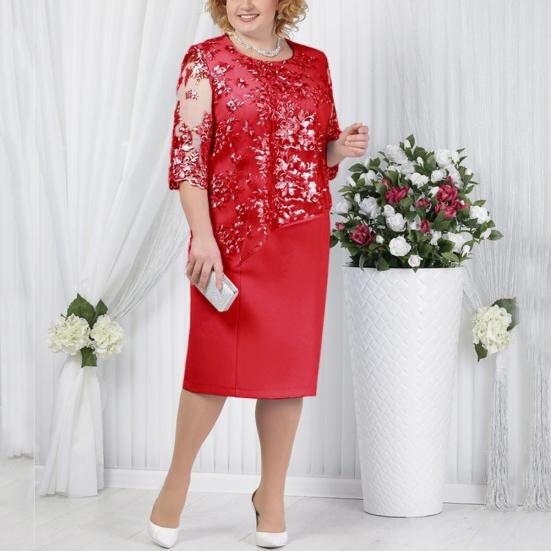 Floral Lace Mother of the Bride Dress Plus Size Midi Party Dress with Sheer Half Sleeves