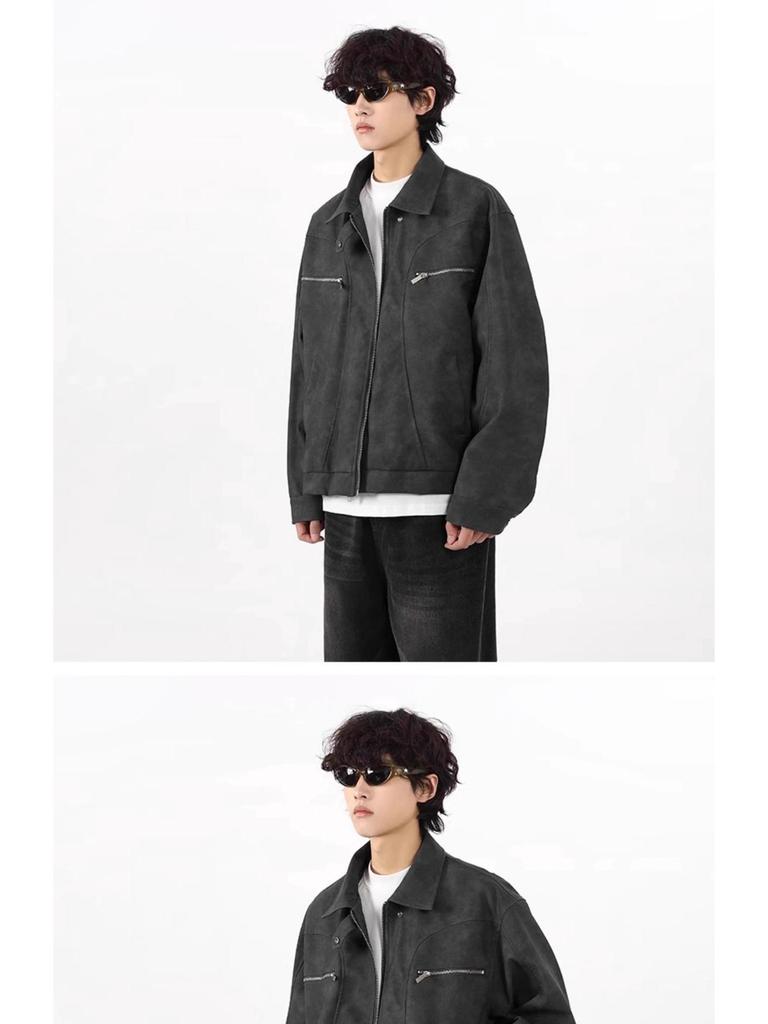 Men's Vintage Washed PU Leather Motorcycle Jacket - Loose Fit, High-End Vibe, Spring/Autumn