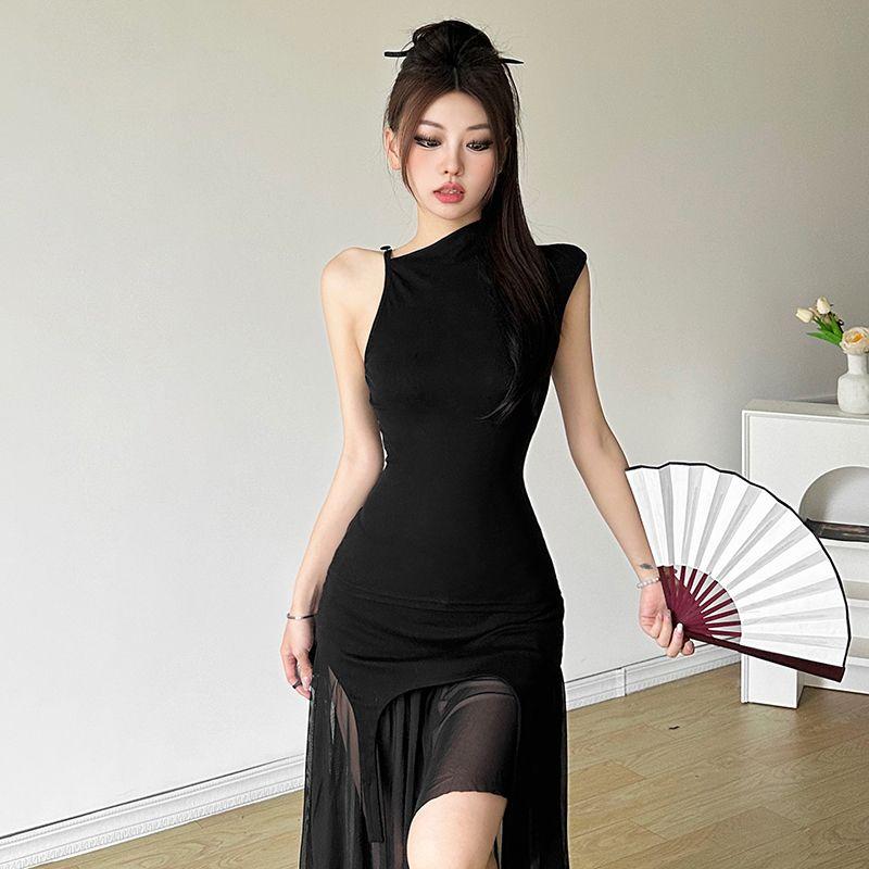 

# Sisjuly# Cool and Quiet Wind Cut Out Oblique Shoulder Sexy Top High Waist Mesh Skirt Two-piece Set Female Black (Tops)(K24L47352) S