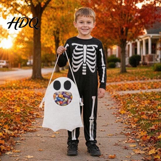 Community Trick Or Treat Bags Halloween or Candy Bag for Kids Cute Ghost School with Handle Oxford Cloth Snack Holder Party Favors Reusable