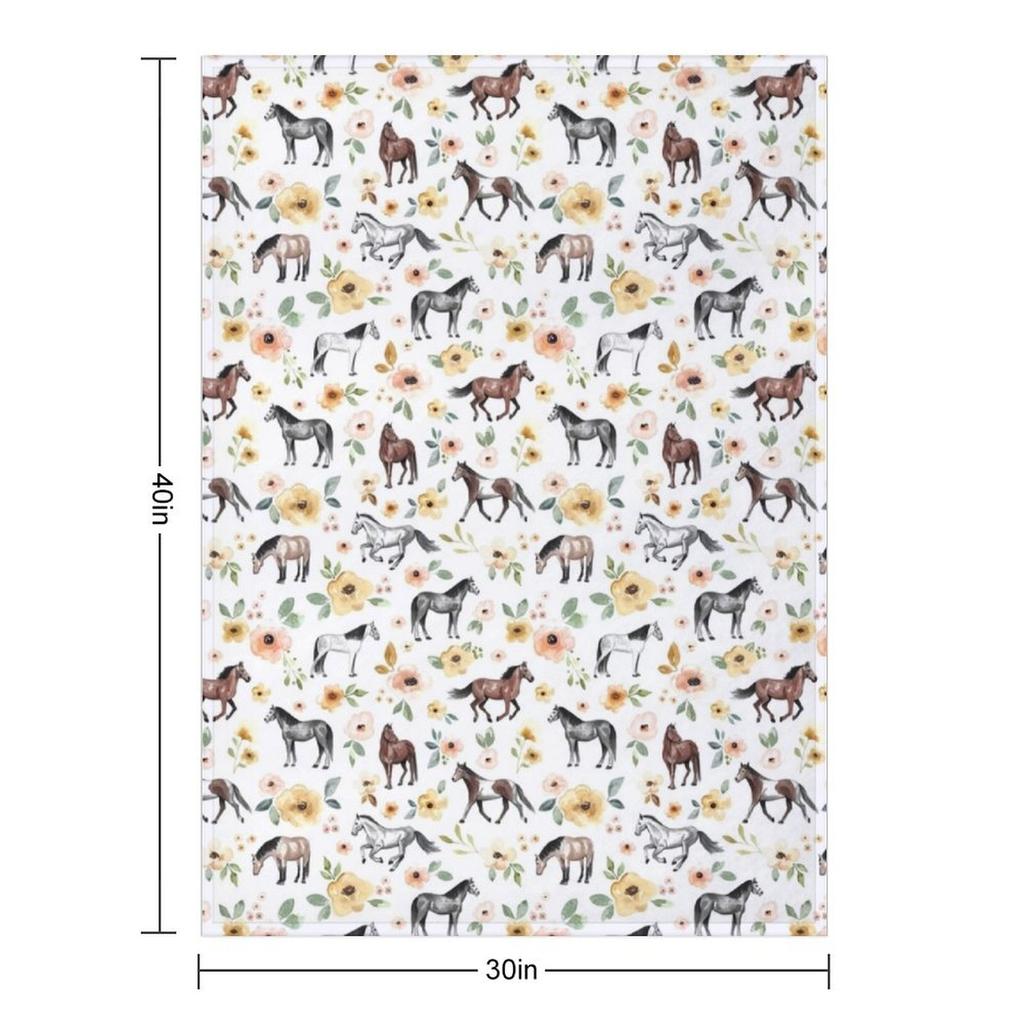 Horses with Yellow and Pink Flowers, Horse Decor, Watercolor Floral Throw Blanket Nap Bed Fashionable Furry Hairys Blankets