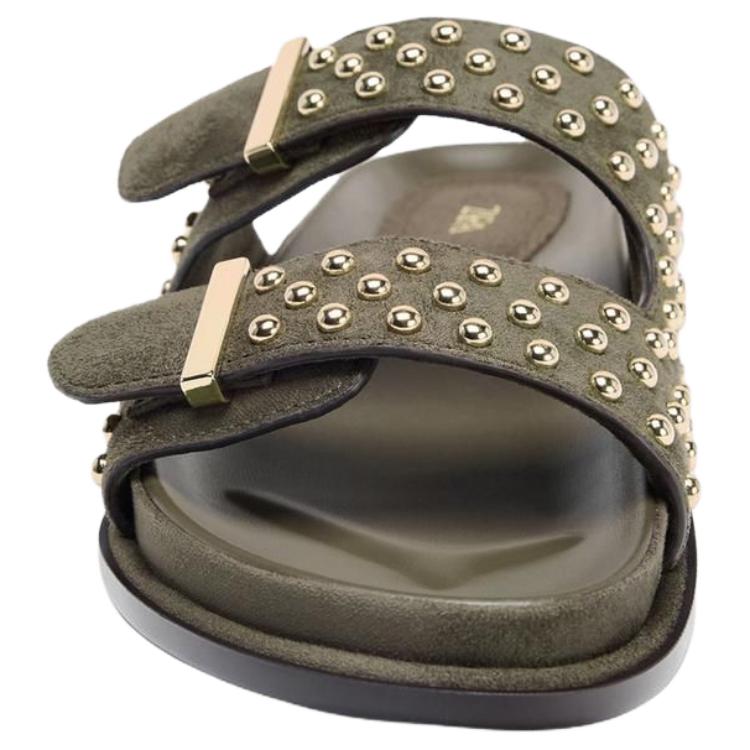 Zara Open-Toe Vintage Slide Sandals Women Footwear Khaki-Green 2607610032