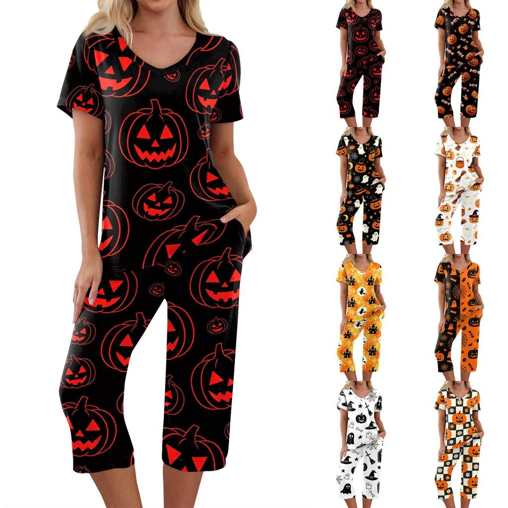 Women Two Piece Halloween Print Outfit Short Sleeve Top and Cropped Pants Casual Sportswear Set for Daily Wear