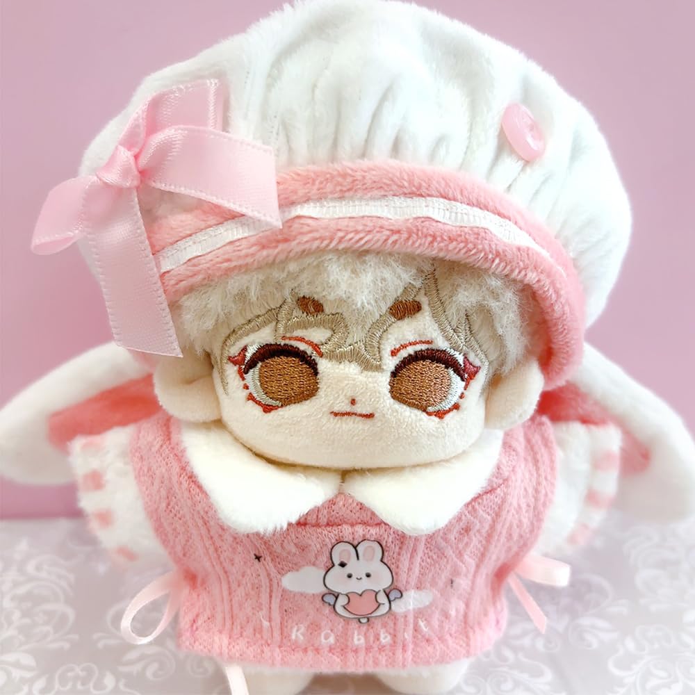 Pink Eared Beret, Shirt, and Vest Set for 10cm Plush Toy, Kigurumi Accessories, Otaku Activities, Doll Mascot, Kpopdoll Costume [Used]