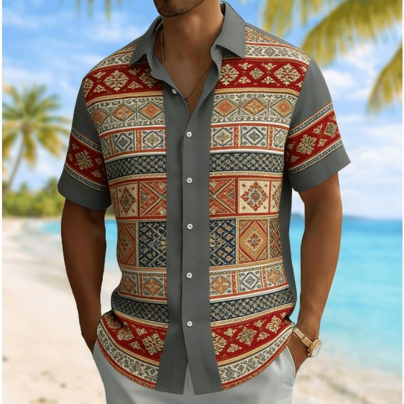 Men's Vintage Ethnic Patchwork Print Short Sleeve Shirt, Spring Summer Casual Vacation Turn-Down Collar Blouse, Loose Fit Top