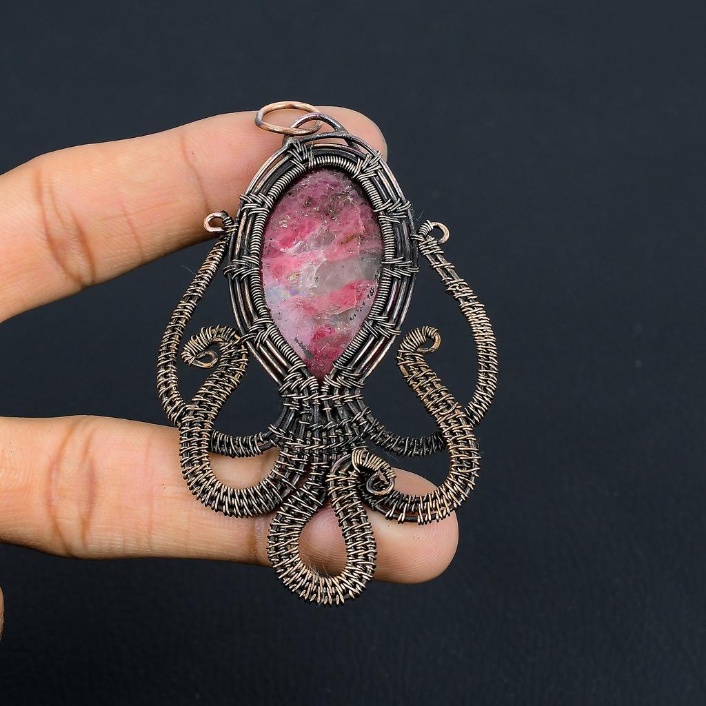 Natural Octopus Rhodonite Gemstone Copper Wire Wrap Gift Pendant 3.35" K6g65