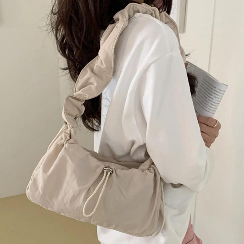 Fold Shoulder Bag Vintage Casual Designer Underarm Crossbody Bag Simple Fashion Women Pleated Nylon Fabric Shoulder Bags