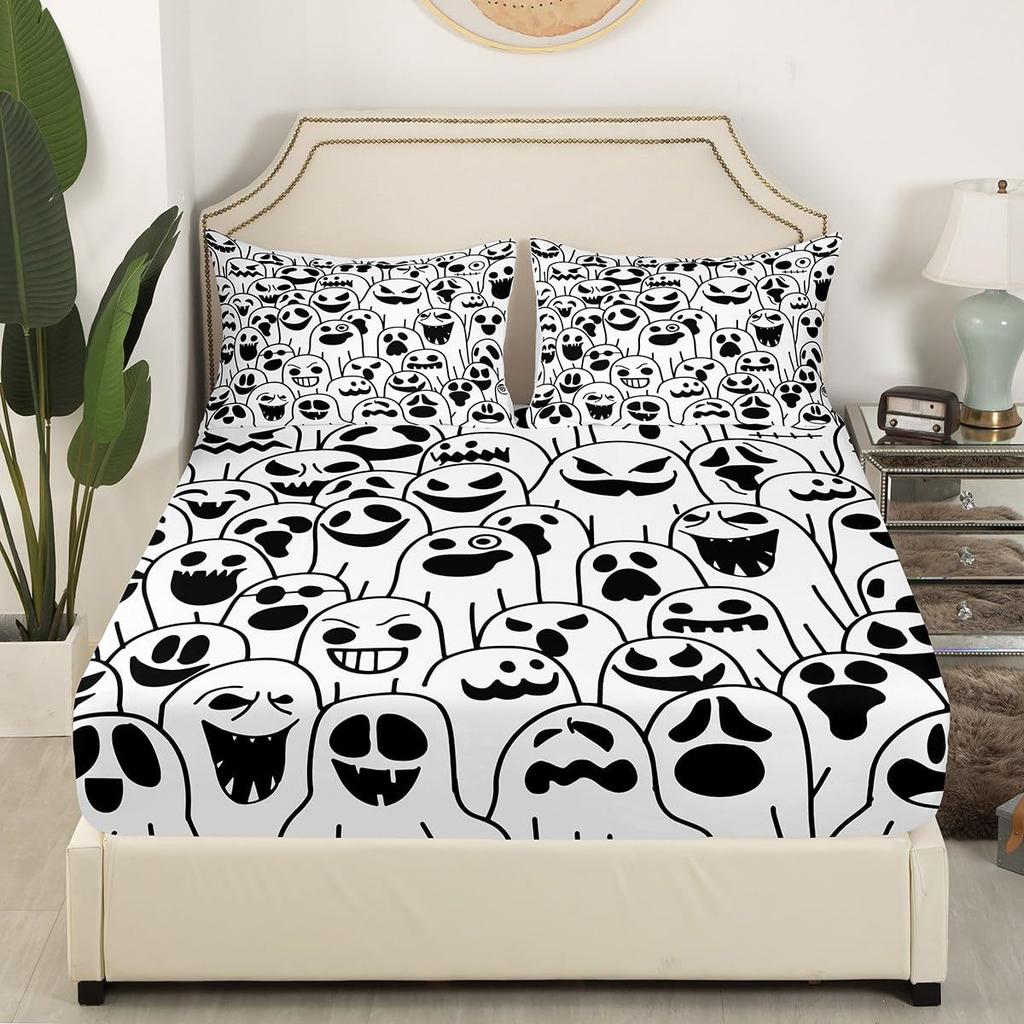Halloween Cartoon Ghost Pattern Bed Hat Four-Piece Bedding Set Bedroom Dormitory Bedding Decoration