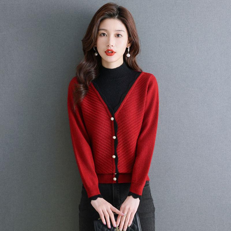 

Свитер с цветными блоками и пуговицами спереди, стильный свитер с длинными рукавами и контрастной отделкой для осени и зимы, женская одежда 2XL