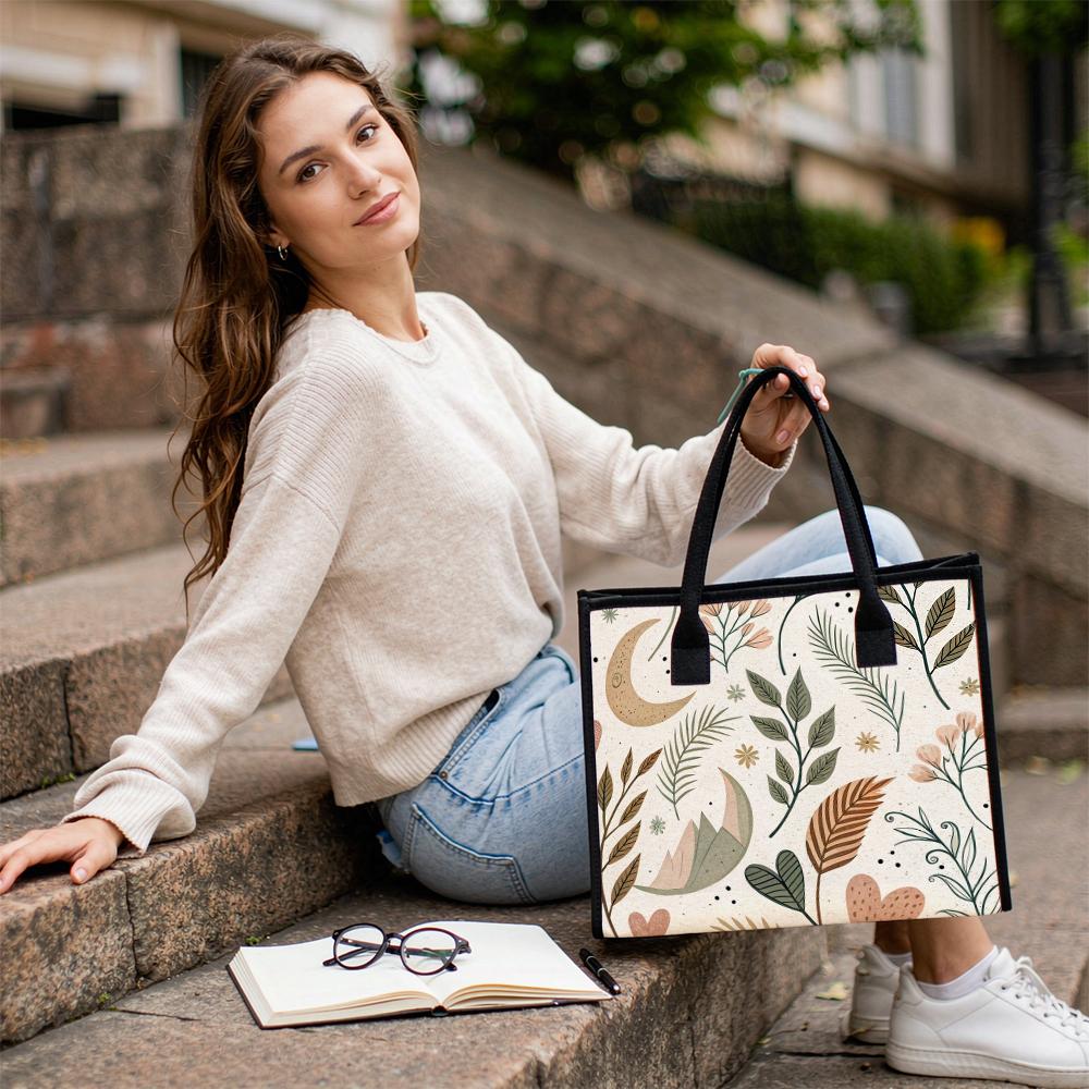 Boho Floral Print Casual Tote Bag Fashion Daily Use Portable Handbag for Women Lightweight Cute Shoulder Bag for Shopping Travel