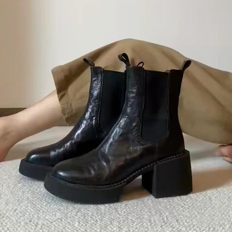 Cowhide Version~ Leather Platform Short Boots Women's Autumn and Winter Retro Chelsea Boots Thick Heel Thin Boots Martin Boots