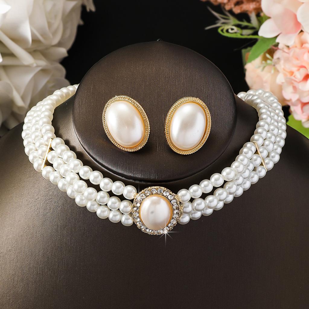 3PC Women's Fashion Imitation Pearl Oval Necklace Earrings Zircon Set Suitable for Wedding, Party, Festival Gifts