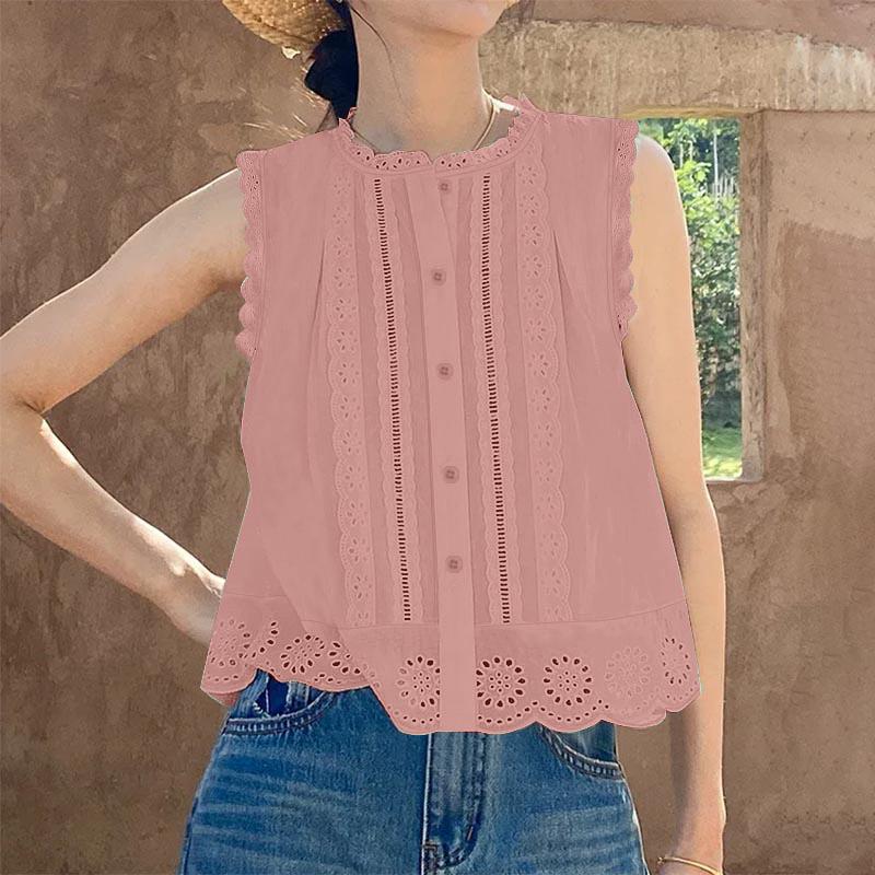 

ZANZEA Женские повседневные топы-майки без рукавов с круглым вырезом и ажурным узором для лета XL розовый