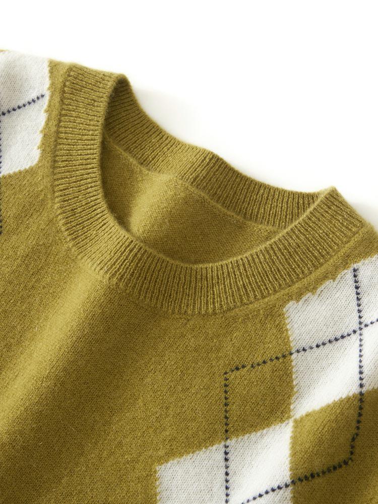 Pure Cashmere Color Block Knitwear with Diamond Pattern