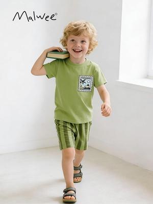 Malwee Boys' Summer Set: European and American Style, Short Sleeve, Two-Piece Round Neck Outfit for Kids
