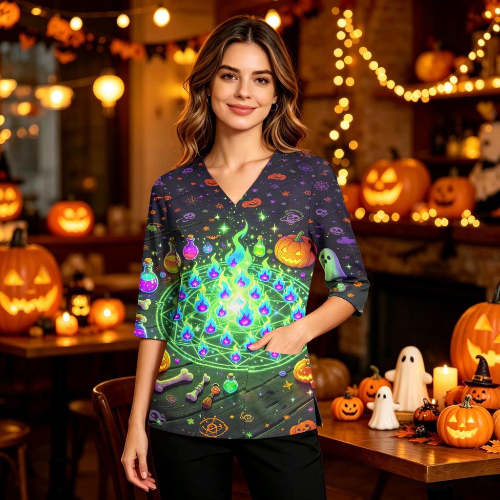 Women's Halloween Print V-Neck Scrub Top with Pockets and Side Slits - Three-Quarter Sleeve Casual Uniform