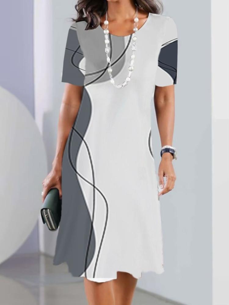 Summer Women's Round Neck Short Sleeve Printed Fashion Loose Midi Dress