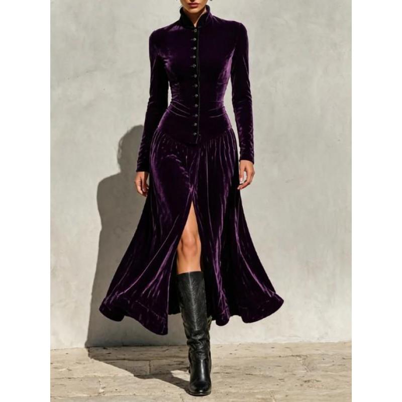 2026 Fall Winter Solid Button Long Sleeve Stand Collar Slit Elegant Dress Women