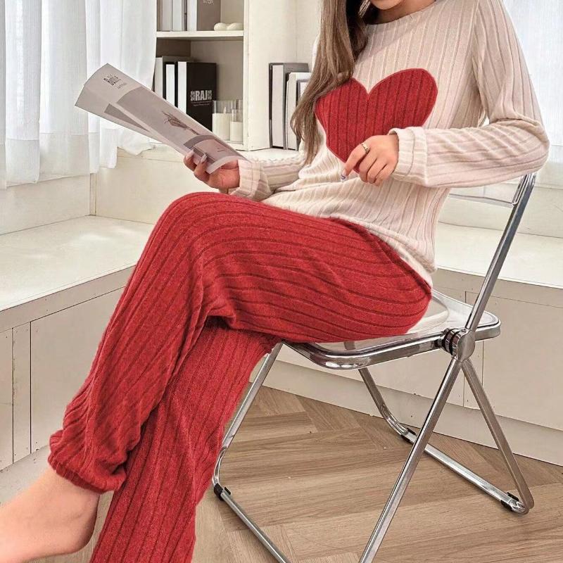

Women s New Style Pajamas Set Heart Pattern Short Sleeve Shirt Trousers Two-piece Simple and Lovely Casual Home Wear 3XL
