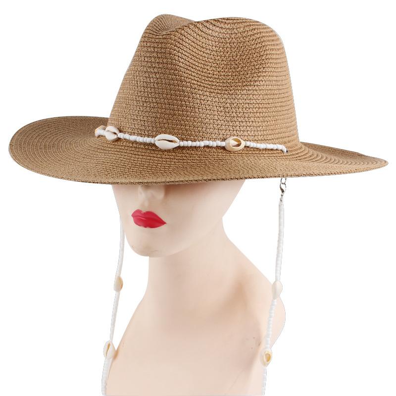 Chapeaux Panama d'été pour femmes avec longue chaîne de coquillage conque Chapeaux Jazz en paille Bohème Chapeau de soleil Chapeaux Fedora Vintage pour hommes Chapeaux de créateur