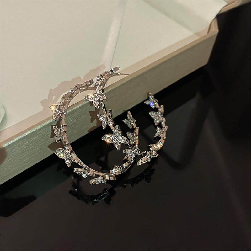 Korean Silver Butterfly Rhinestone C-Shaped Earrings - Elegant Light Luxury
