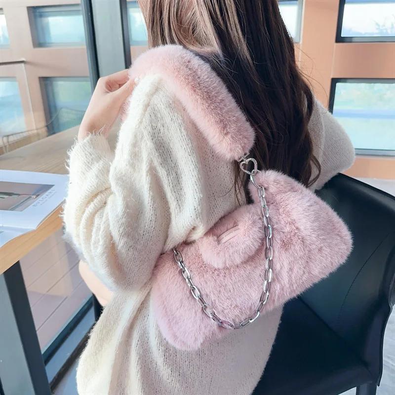 Fashion Solid Color Fake Fur Women's Shoulder Bag Sweet Luxury Plush Ladies Armpit Bags Simple Chain Female Handbag Purse