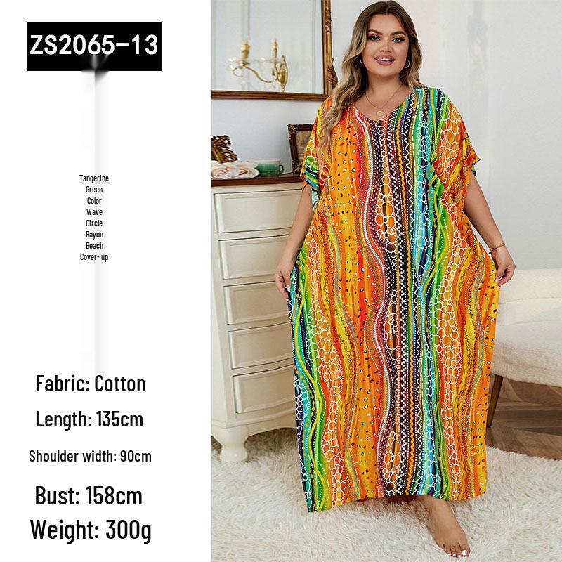 European-American Rayon Print Plus Size Beach Cover-Up Dress & Long Robe