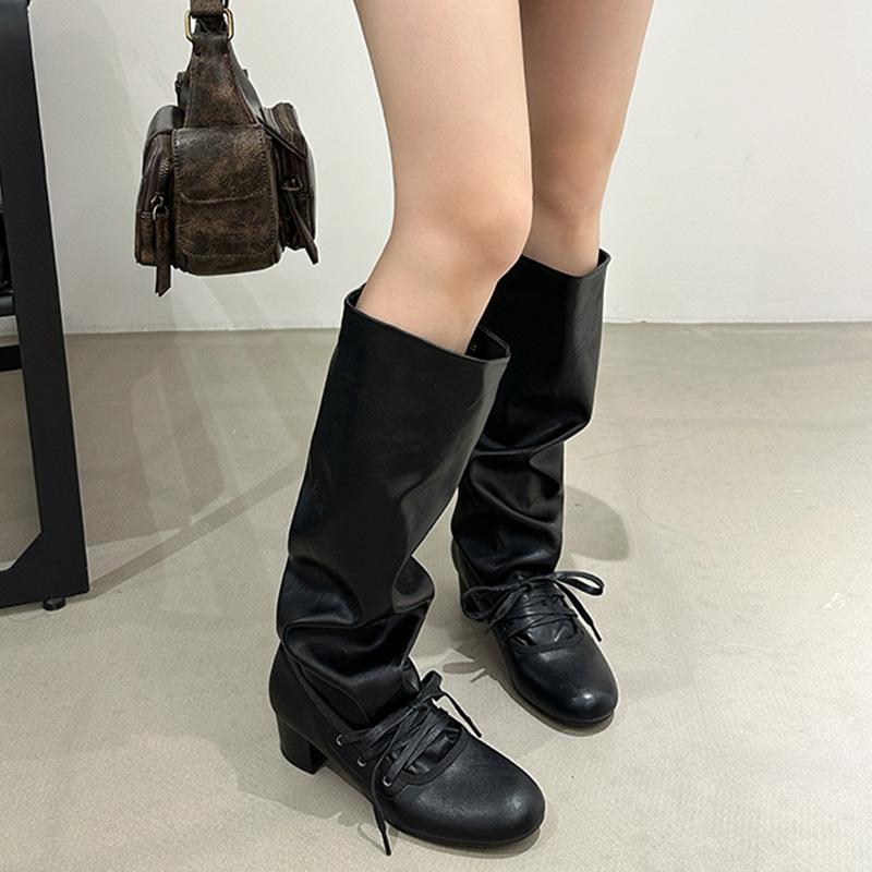 

Сапоги на толстом каблуке женские 2025 осень и зима новые женские сапоги но ботфорты высокие сапоги круглый носок вестерн рыцарские сапоги 41