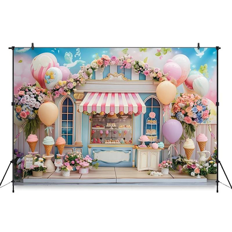 Ice Cream Backdrop For Photography Cake Crush Dessert Shop Balloon Flower Background Wedding Birthday Party Decoration Backdrops