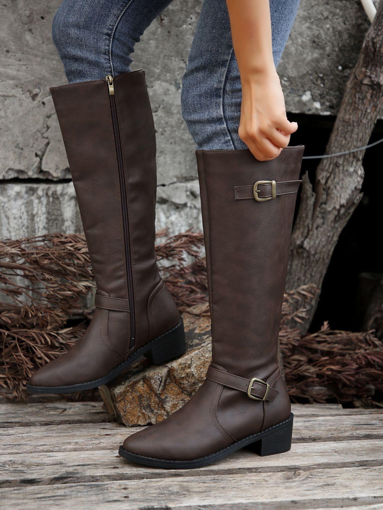 Plus Size New Winter Women s Leather Boots Side-Zip High-Top Boots High-Heel Buckle Riding Boots 36 темно-коричневого
