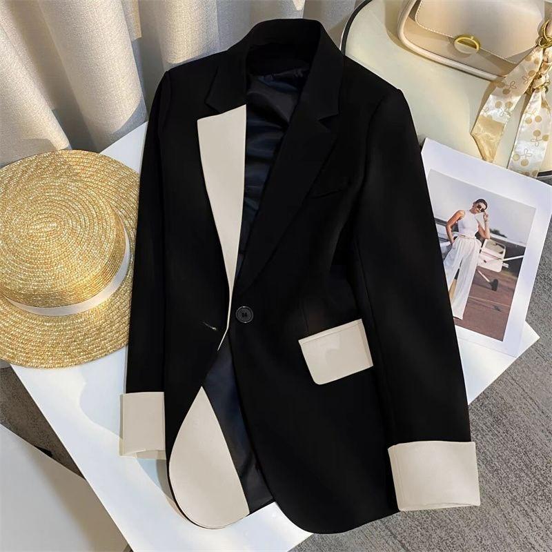 Trendy Slim Fit Black Blazer Spring Autumn Casual Chinese Style Contrast Suit Jacket