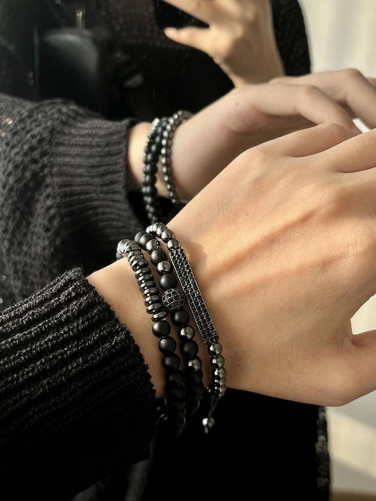 Bracelet Jewelry, Black Gallstone, Volcanic Stone, Wooden Beads, Multi-layer Men's Bracelet Combination Set, Elastic Bracelet.