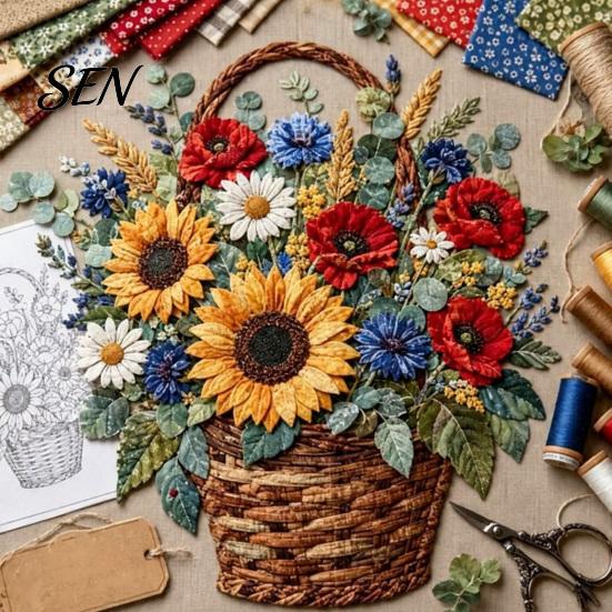 Kreativní víkendové hobby projekty Košík s květinami Patchwork DIY sada, Vrstvené látkové květiny Řemesla Texturované květinové umění 3D šicí projekt pro dospělé,