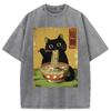 Vintage Japanese Cat Printed Funny Washed T-Shirt Holiday Summer 100% Cotton Tops Casual Loose Fittness Chic Tunics