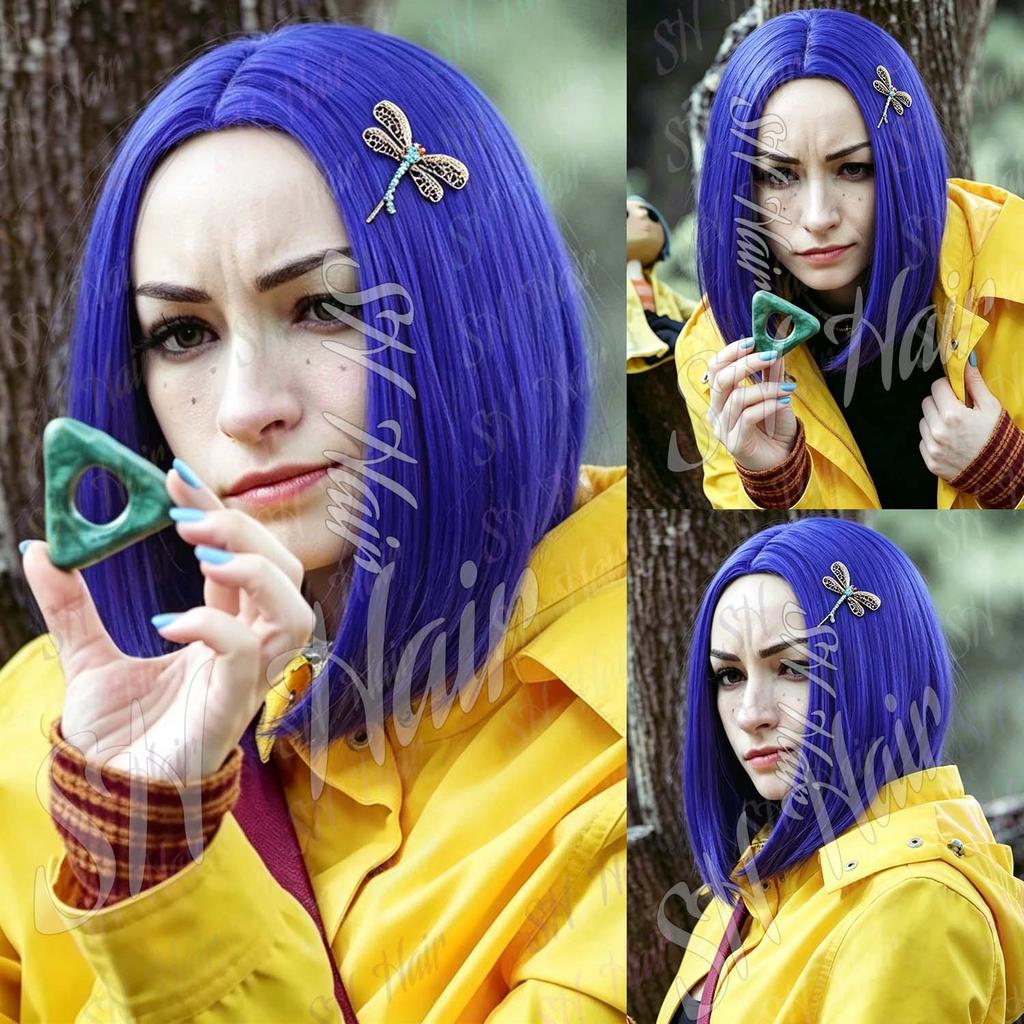 Synthetic Dark Blue Bob Wig Short Straight Wig for Women, Anime Coraline Cosplay Wigs for Halloween Cosplay Party Daily Wear