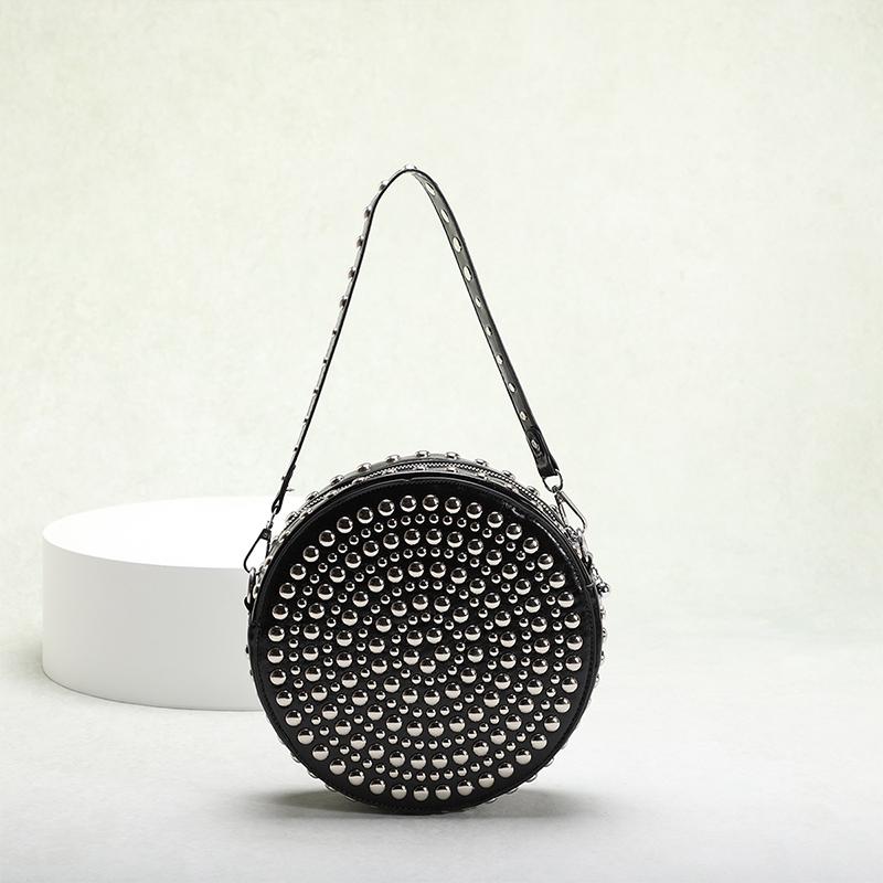 

Full Rivet Round Bag Double-sided Tire Niche Brand Chain Unique Wine Red All-match Photo Cool Drum Ladies Crossbody Underarm Bag