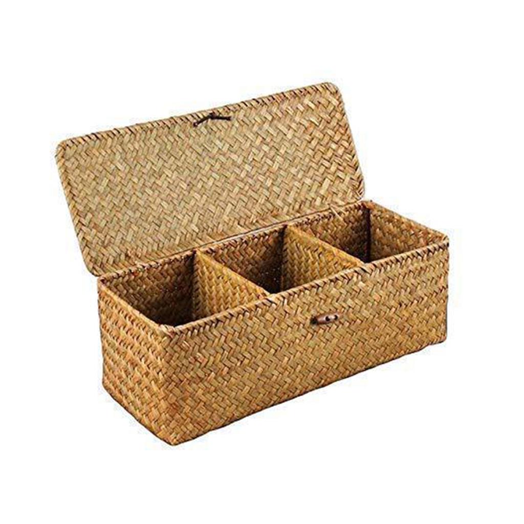 Stylish Woven Desk Storage Basket with Lid Cover Handwoven Small Item Storage Box Organiser Case for Bathroom Toilet