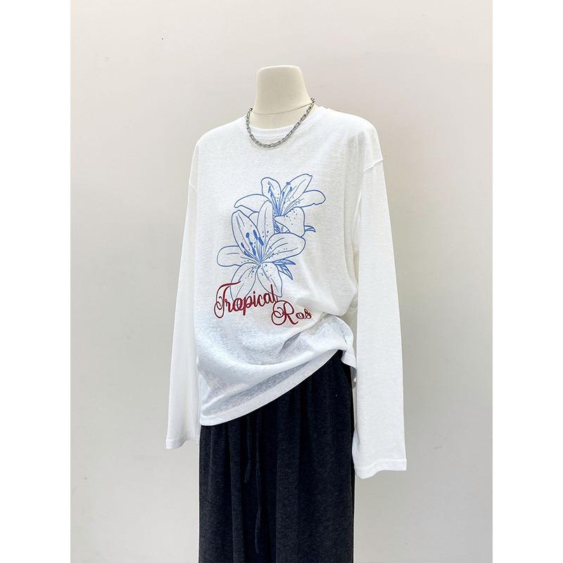 Women Casual Loose Long Sleeve Round Neck Floral Print Sun Protection T Shirt Top