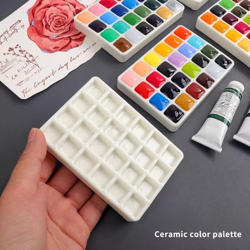 Empty Ceramic Watercolor Palette 18/24 Grid Watercolor Pigment Tray Artist Travel Painting Colour Mixing Portable Art Supplies