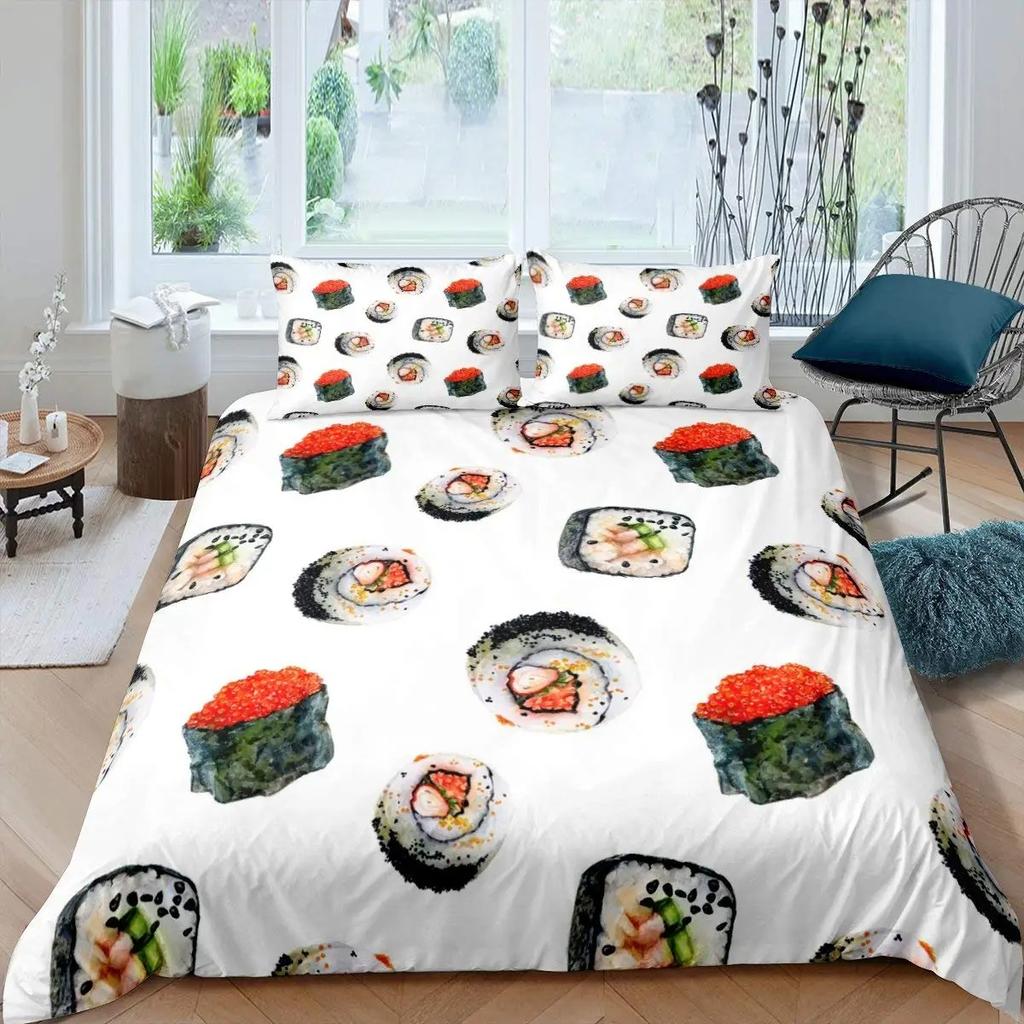 Japanese Sushi Duvet Cover King Size Microfiber Cute Cartoon Food Theme Bedding Set Quilt Cover