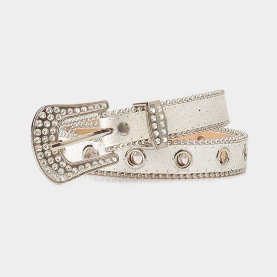 Women Belt Glitter Sequins Shiny Rhinestones Multi Holes Adjustable Length Waistband Imitation Leather Street Style Belt