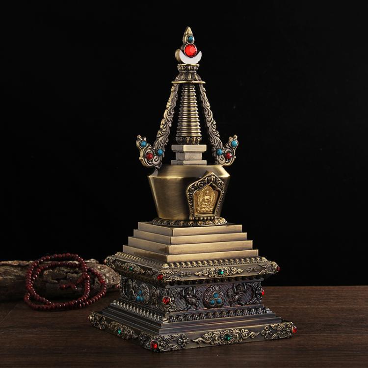 Stupa Sarira Tantrico Tibetano: Porta reliquie oro/bronzo per decorazione buddista domestica.