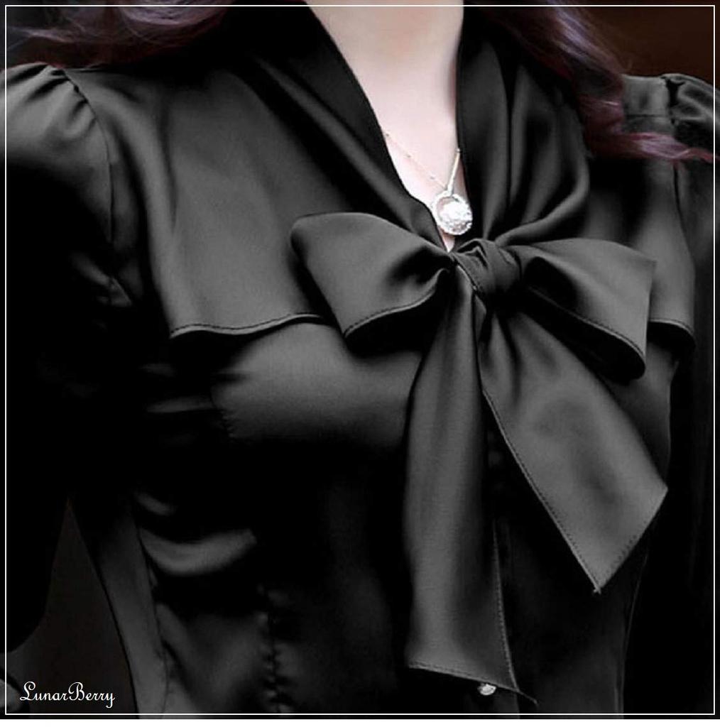 Lunar Berry 3803 Long Sleeve Satin Blouse with Ribbon Perfect for Office Features a ribbon tucked and a simple (M, Black) - Tie, Wear. collar, hem,