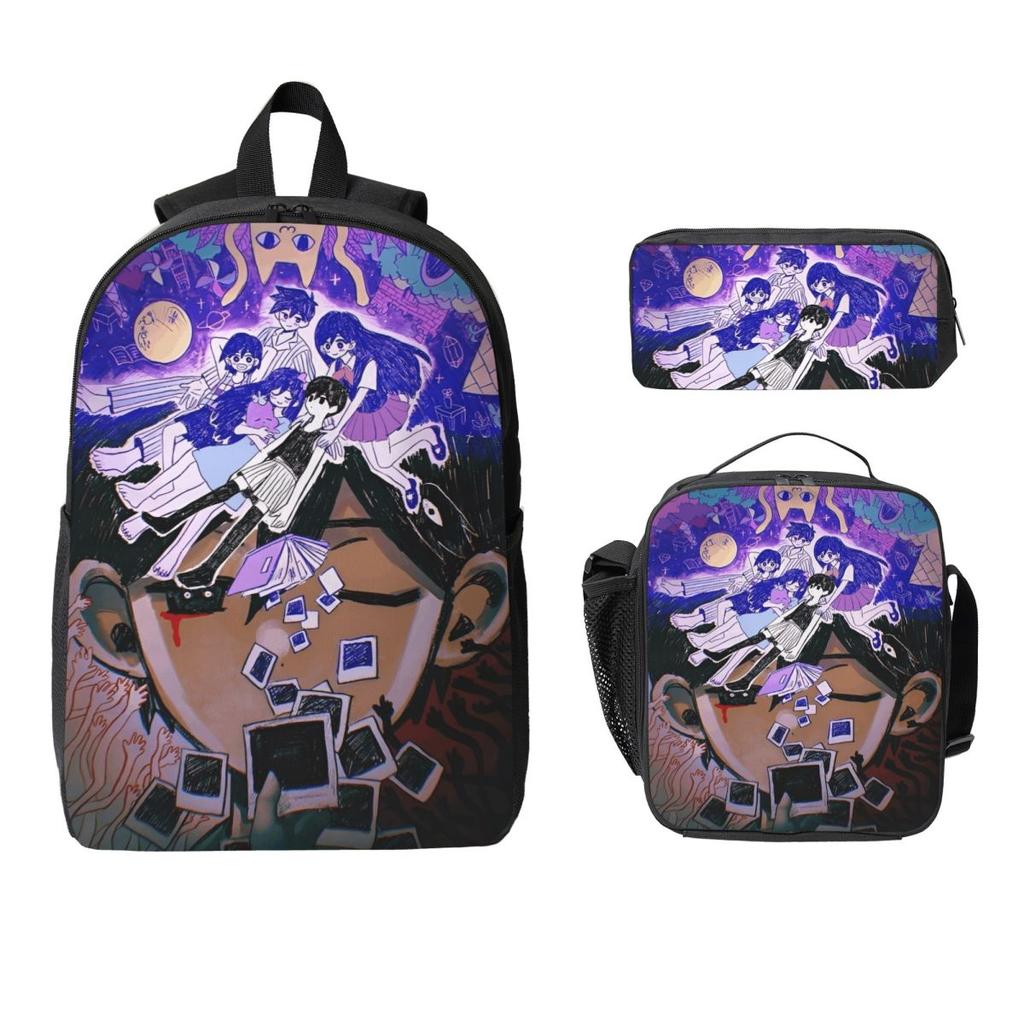 3 Stück Omori Lustige Videospiele Rucksack Set für Kinder Federmäppchen Schultaschen Sets mit Brotdose Für Schulkinder Tagesrucksack